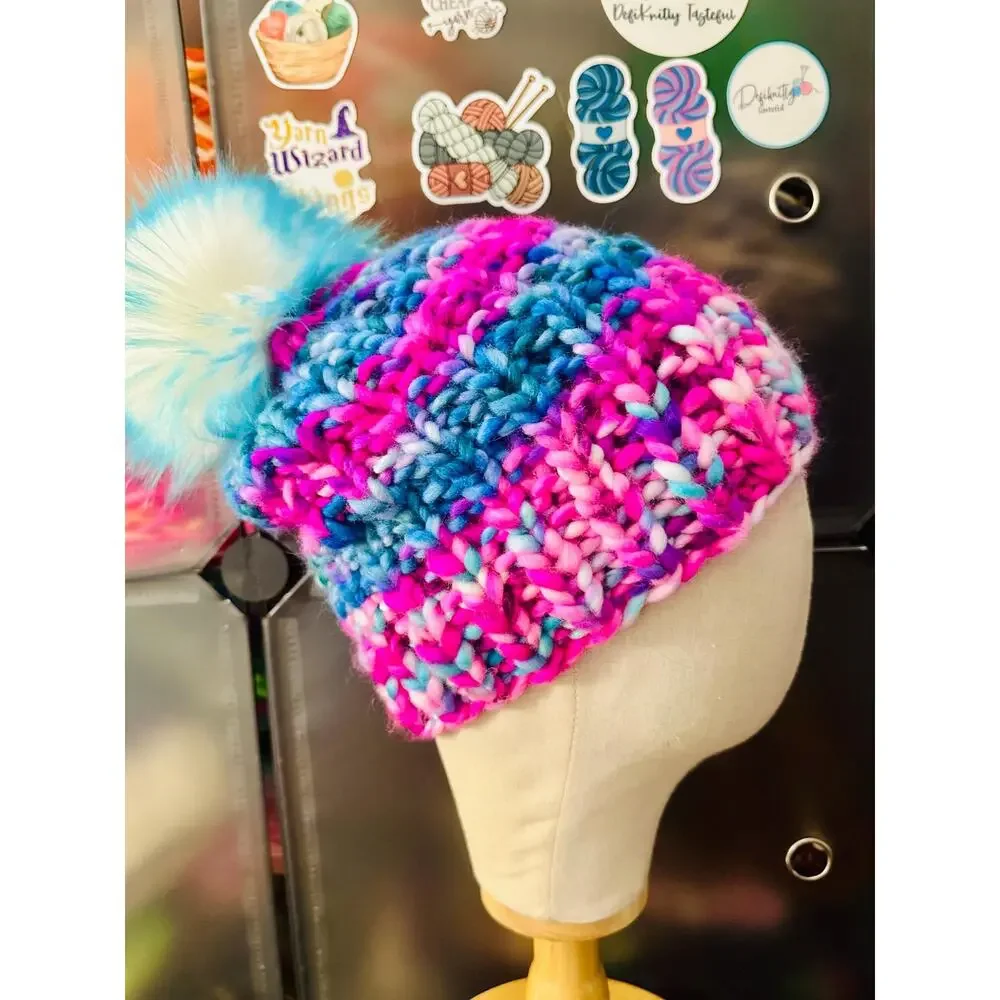 Hand Knit Scrappy Merino Wool Beanie: DefiKnitly Tasteful Knit Hat with Faux Fur